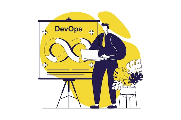 DevOps web concept with flat people for website design Man working with coding and management using job integration practice with agile cycles in project maintenance product Vector illustration