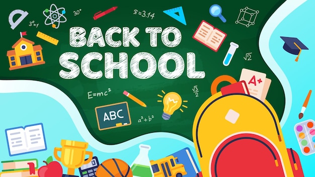 Di nuovo a scuola. Zaino per studenti con materiale didattico libro, matita e righello. Taccuino, calcolatrice e libro, poster di vettore di istruzione. Illustrazione torna a scuola, imparando all'università