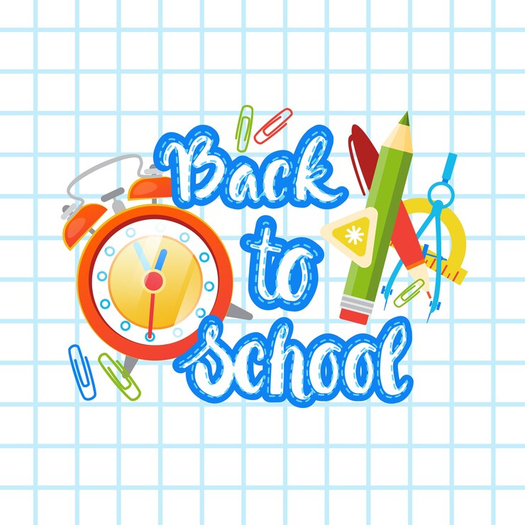 Vettore di nuovo al testo di logo della scuola sul fondo del taccuino