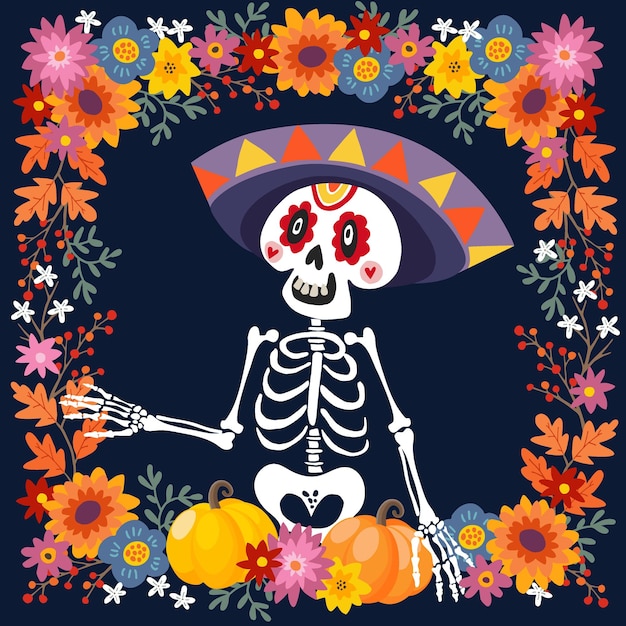 Dia de Los Muertos biglietto di auguri invito messicano giorno dei morti scheletro teschio ornamentale con cappello sombrero zucche e fiori disegnato a mano illustrazione vettoriale sfondo cornice floreale