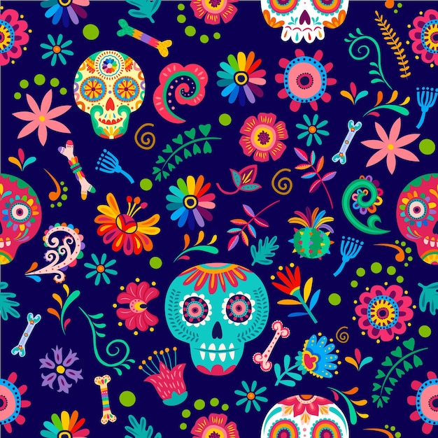 Dia de los muertos giorno dei morti modello senza cuciture con fiori tropicali teschi di zucchero calavera e ossa Ornamento ripetuto vettoriale in stile tradizionale alebrije con teste di calaca ed elementi floreali