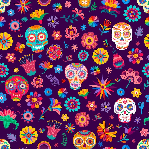 Dia de los muertos modello senza cuciture messicano con teschi di calavera di zucchero e fiori tropicali Ornamento vettoriale ripetuto in stile alebrije tradizionale con teste di calaca morte decorate e elementi floreali