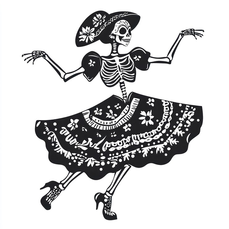 Vettore dia de los muertos o giorno dei morti figurina donna scheletro ballerina pulita semplice vettore nero