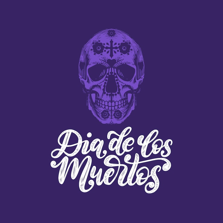 Vettore dia de los muertos tradotto dalla frase scritta a mano spagnola day of the dead. illustrazione vettoriale del cranio su sfondo calligrafico. concetto di design per invito a una festa, biglietto di auguri.