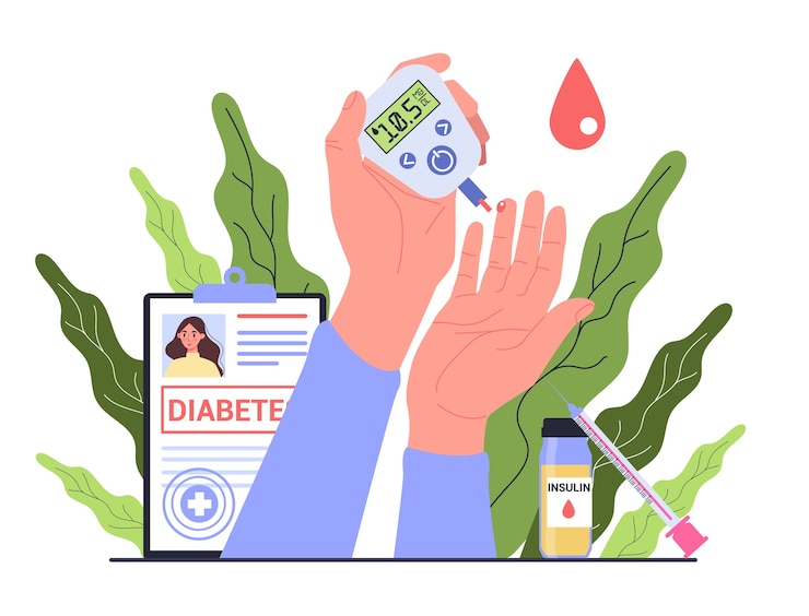 Vettore diabete. misurare lo zucchero nel sangue con il glucometro. giornata mondiale della sensibilizzazione sul diabete. idea di assistenza sanitaria e trattamento.