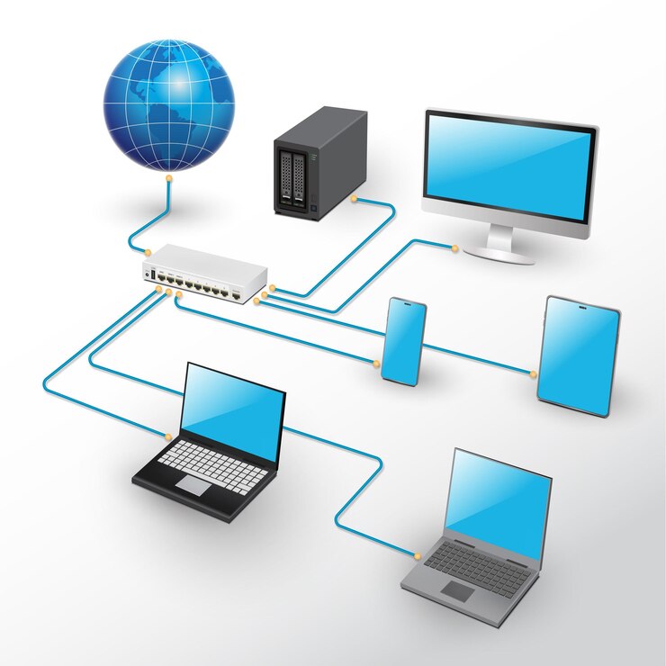 Vettore diagramma 3d di rete lan per il concetto di business e tecnologia wan del vettore di rete informatica