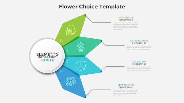 Diagramma floreale con quattro petali traslucidi colorati. Modello di progettazione infografica pulito. Concetto di 4 opzioni di business tra cui scegliere. Illustrazione vettoriale moderna per presentazione, banner, brochure.
