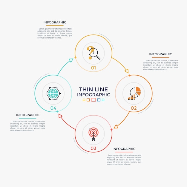 Diagramma rotondo con quattro elementi circolari colorati, numeri e simboli di linee sottili collegati da frecce. Visualizzazione ciclica dei processi aziendali. Modello di progettazione infografica pulito. Illustrazione vettoriale