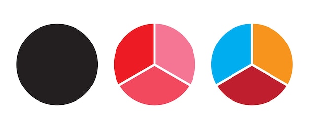 Diagrammi a tre parti in vari colori per la visualizzazione dei dati Circolo diviso in tre segmenti uguali