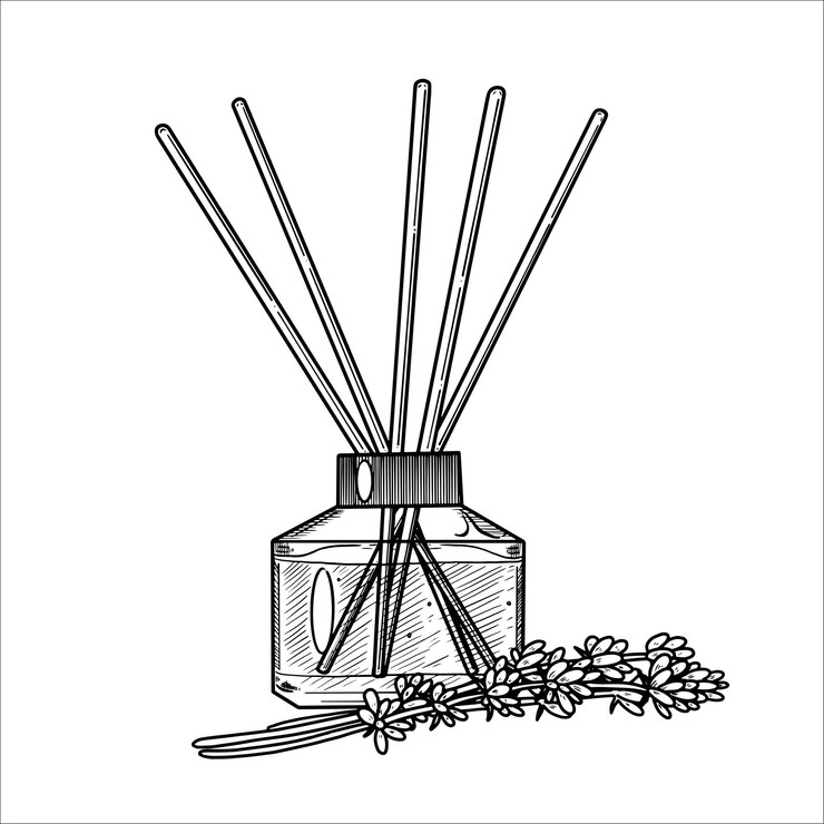 Diffusori e bastoncini di incenso rinfrescanti l'aria a lavanda vettoriale Illustrazione disegnata a mano su sfondo isolato