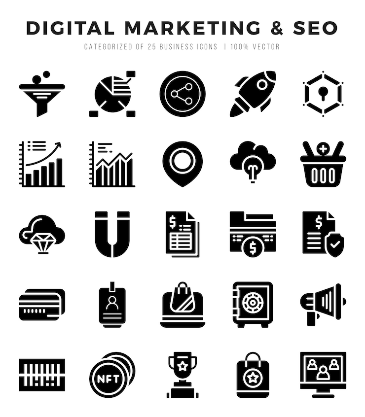 Vettore digital marketing seo icon bundle 25 icone per siti web e applicazioni