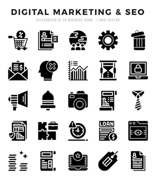 Digital Marketing SEO Icon Pack 25 simboli vettoriali per il web design