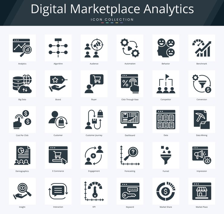 Digital marketplace analysis glyph icon pack per l'analisi predittiva e la gestione dei database