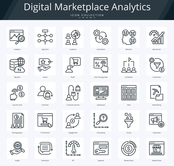 Digital marketplace analysis outline icon pack per l'analisi predittiva e la gestione dei database
