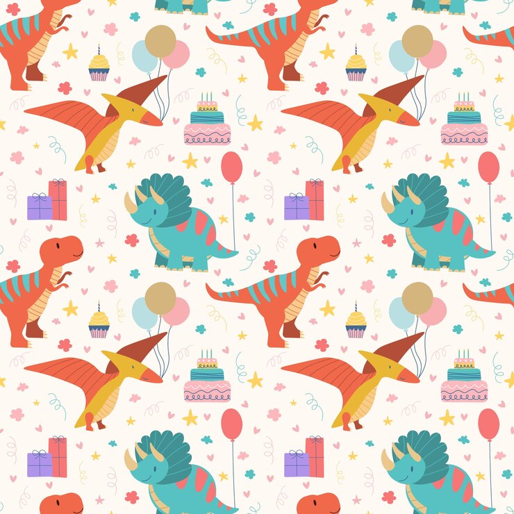 Vettore dino festa di compleanno modello senza cuciture dinosauro bambino vacanza celebrazione illustrazione baby design per invito di compleanno o baby shower poster abbigliamento vivaio wall art e carta eps