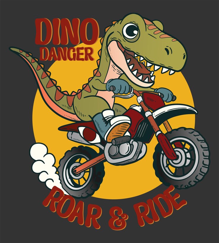 Vettore dino raptor che guida una motocicletta o un motocross cartoon carino per il design di una maglietta