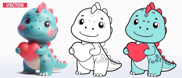 Dinosauro cartoon carino personaggio divertente 3 stile vettoriale tema d'amore 3D vettoriale linea d'arte e 2D vettoriale arte