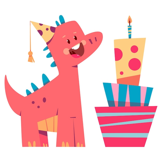 Dinosauro sveglio con il personaggio dei cartoni animati di torta di compleanno vettoriale isolato su sfondo bianco.