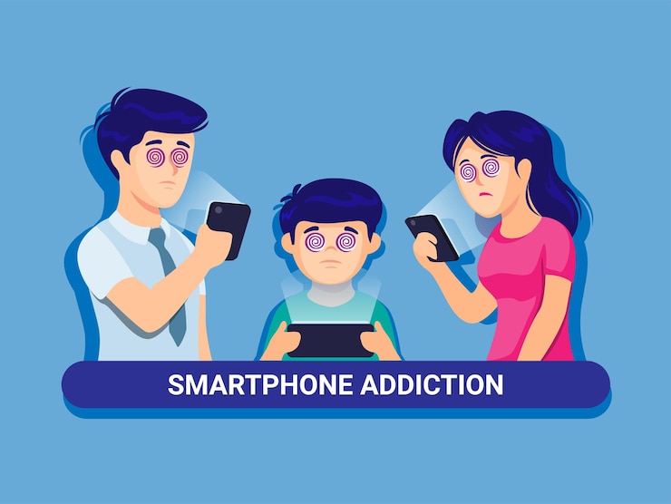Dipendenza da gadget per smartphone sull'illustrazione dell'impatto laterale della tecnologia dei genitori e dei bambini della famiglia vettore