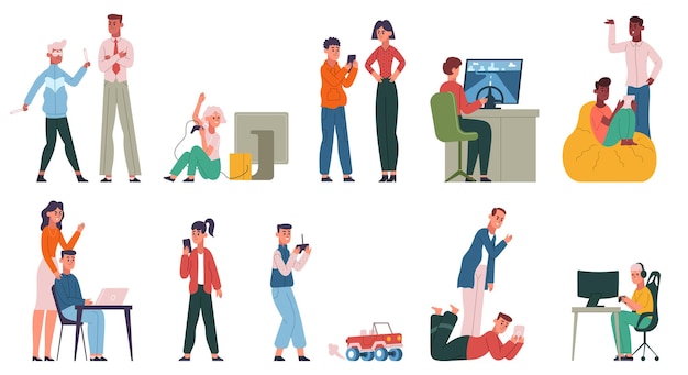 Dipendenza da videogiochi, giocatori di bambini o adolescenti con genitori arrabbiati e scontenti. Set di illustrazioni vettoriali per litigi familiari per la dipendenza da videogiochi. Problema di dipendenza da gadget per bambini