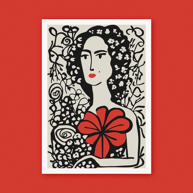 Dipinto a mano inchiostro nero linea arte ritratto di donna con fiori Crazy Plant Lady Poster