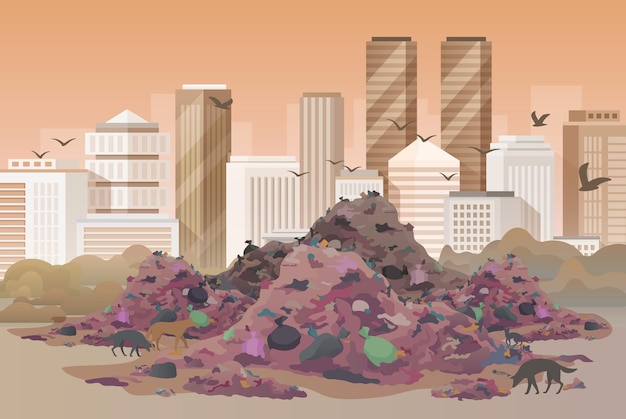 Discarica cittadina polverizzata skyline urbana e discarica con cumulo misto di vecchi detriti