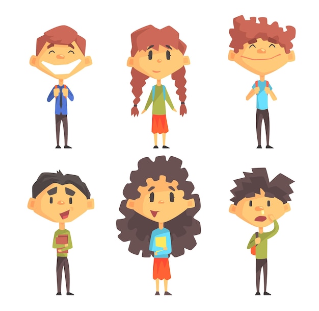 Discepoli della scuola elementare Ragazzi e ragazze carini con zaini sulle spalle e libri in mano Personaggi divertenti dei cartoni animati Set vettoriale piatto Illustrazioni colorate isolate su sfondo bianco