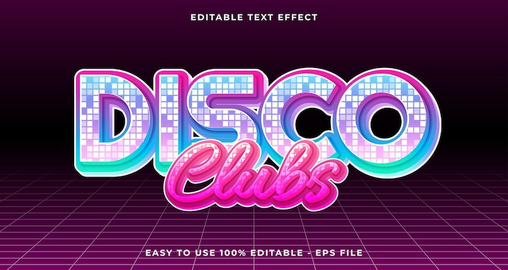 Vettore disco club tipografia premium testo modificabile effetto testo 3d lucentezza