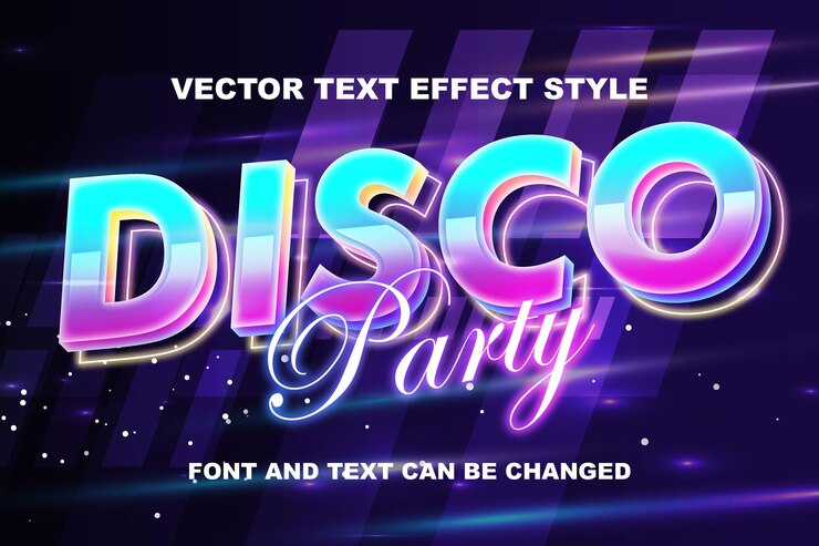 Vettore disco dance music party tipografia lettering disegno del modello di stile del carattere effetto testo modificabile 3d