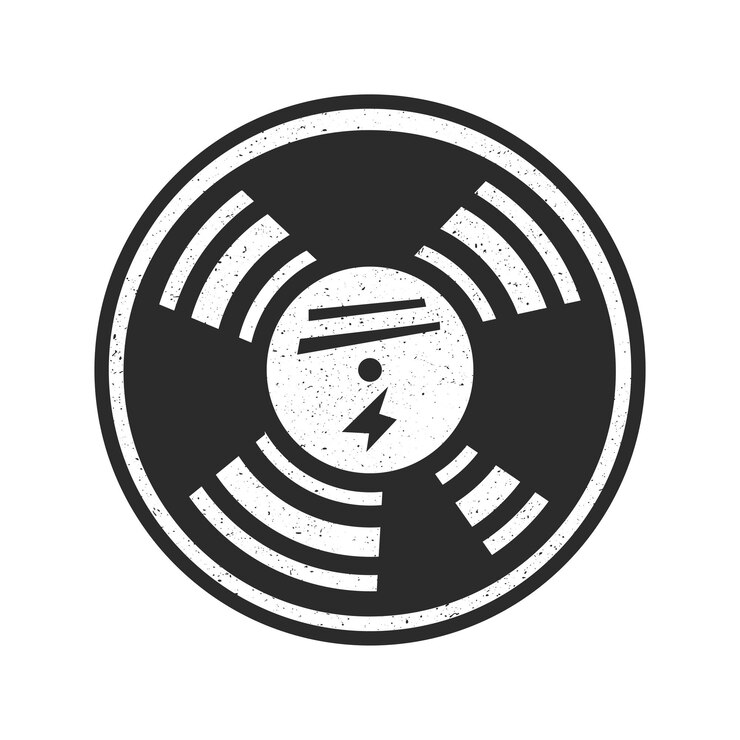 Vettore disco in vinile stilizzato vintage in bianco e nero con macchie e cerniera isolata su sfondo bianco
