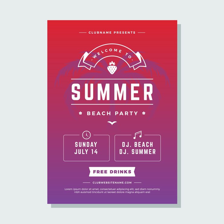 Discoteca rosa gradiente poster modello palma silhouette fragola e nastro festivo vettore