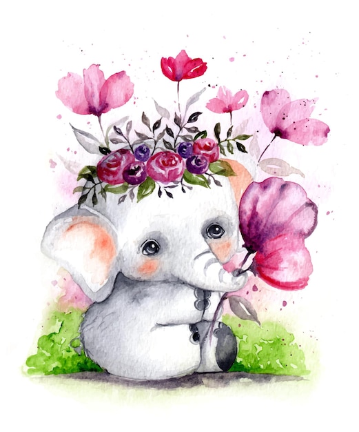 Disegna a mano acquerello simpatico elefantino realistico con ghirlanda di fiori