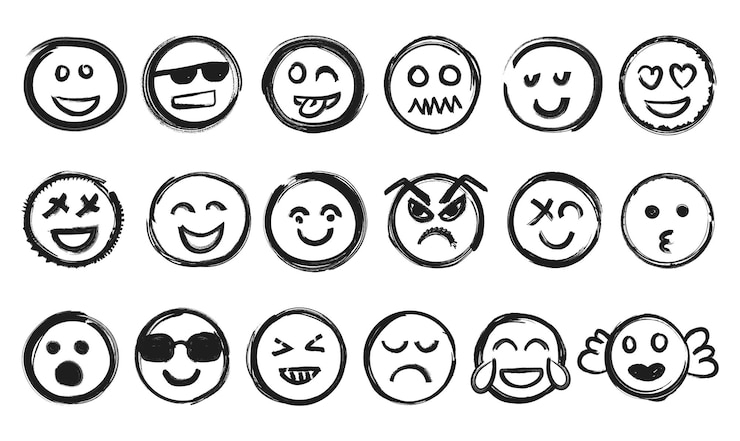 Vettore disegna a mano con un pennello, un tratto grunge, un set di emoji, scrivi emoticon con diverse emozioni disegnate con un marcatore.