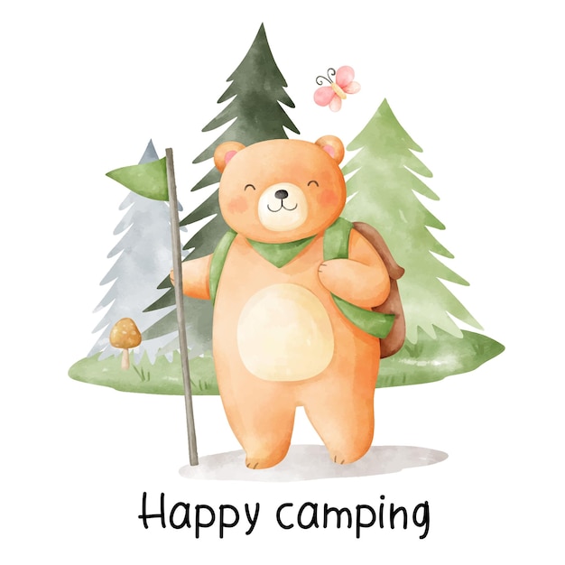 Disegna il disegno del carattere dell'illustrazione vettoriale orso felice per il concetto di campeggio Stile acquerello