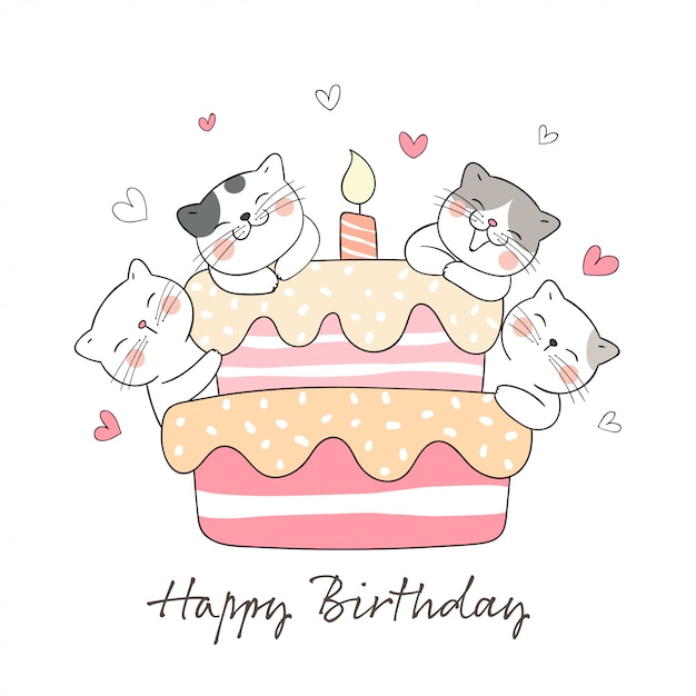 Disegna il gatto con la torta dolce per il compleanno.