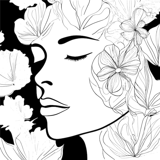 Disegna lo stile artistico del viso femminile con fiori tra i capelli e la linea del viso in stile elegante per le stampe