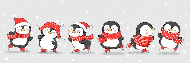Disegna un simpatico pinguino sul pattinaggio per l'inverno e il Natale