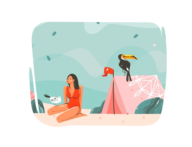 Disegnata a mano cartoon astratto tempo estivo illustrazioni grafiche art modello sfondo con oceano spiaggia paesaggio, tenda rosa, Tucano uccello e ragazza di bellezza con spazio di copia posto per il vostro testo