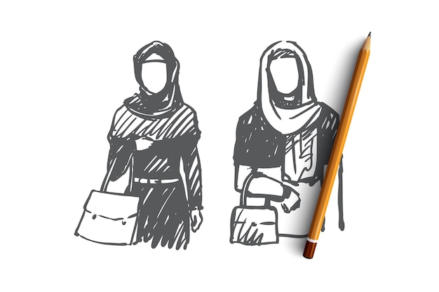 Disegnata a mano due donne musulmane sullo schizzo del concetto di acquisto