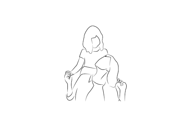Disegnata a mano mamma e figlia una linea continua arte a linea singola