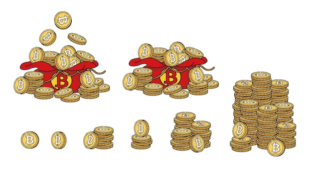 Disegnata a mano una pila di raccolta di monete in criptovaluta con l'icona del segno Bitcoin BTC
