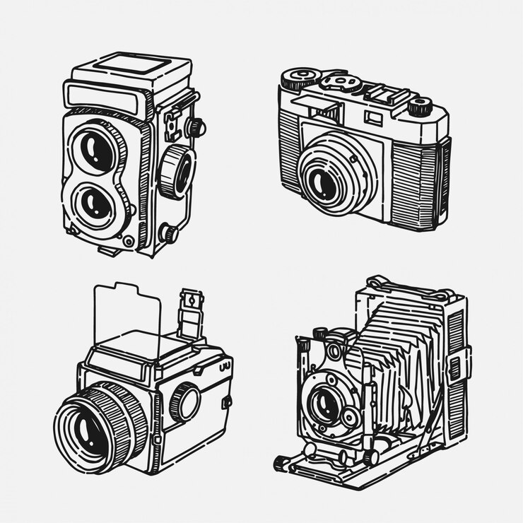 Vettore disegnata a mano vecchia collezione di fotocamere