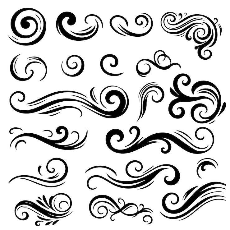 Vettore disegnati a mano, ricci, sguazzi, sguazzacci e sbuffi.