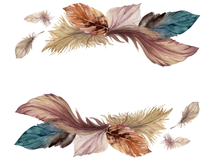 Vettore disegnato a mano acquerello uccello piuma pennacchio boho tribale etnico indiano marrone cornice orizzontale isolato su sfondo bianco design fascino amuleto dreamcatcher scrapbooking tatuaggio artigianale fatto a mano