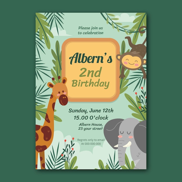 Disegnato a mano di invito compleanno animali