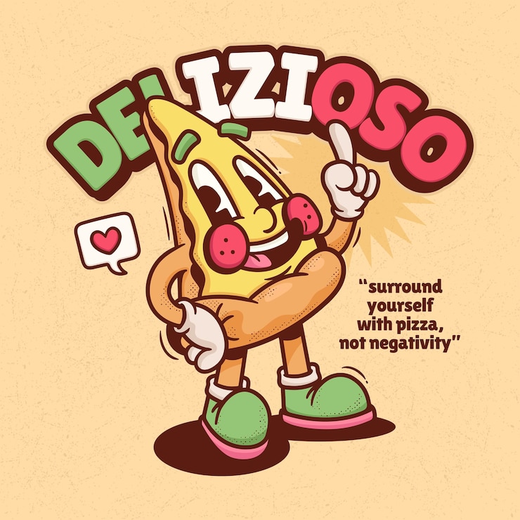 Vettore disegnato a mano di vettore del fumetto retrò alla moda della pizza italiana
