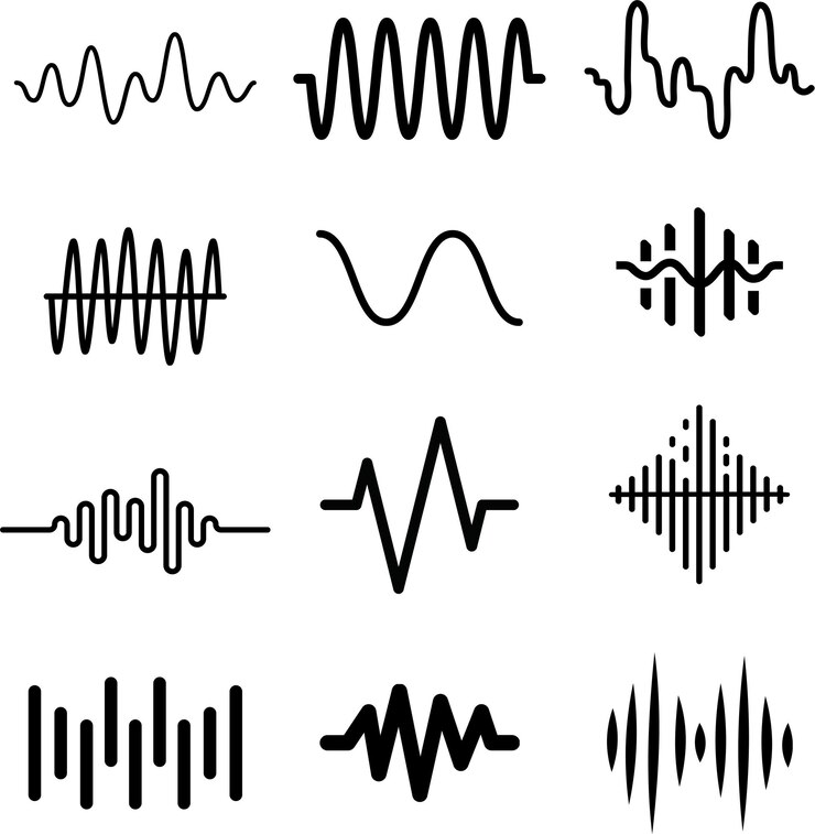 disegnato a mano doodle icona d'onda audio simbolo di illustrazione isolato Set di icone d'onda radio monocromatico