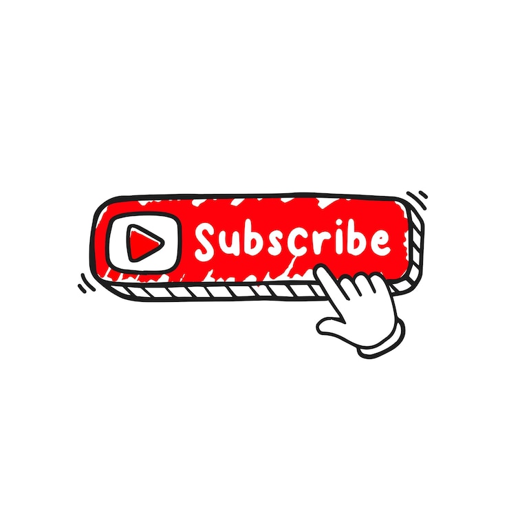 Vettore disegnato a mano iscriviti pulsante rosso fare clic sul cursore o puntatore a mano doodle abbonamento stile schizzo