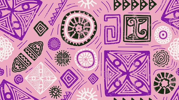 Disegnato a mano modello etnico africano pittogramma senza soluzione di continuità disegno colori rosa Design decorativo per la stampa tessile di moda avvolgimento Illustrazione vettoriale sfondo naturale fatto a mano orientale tradizionale