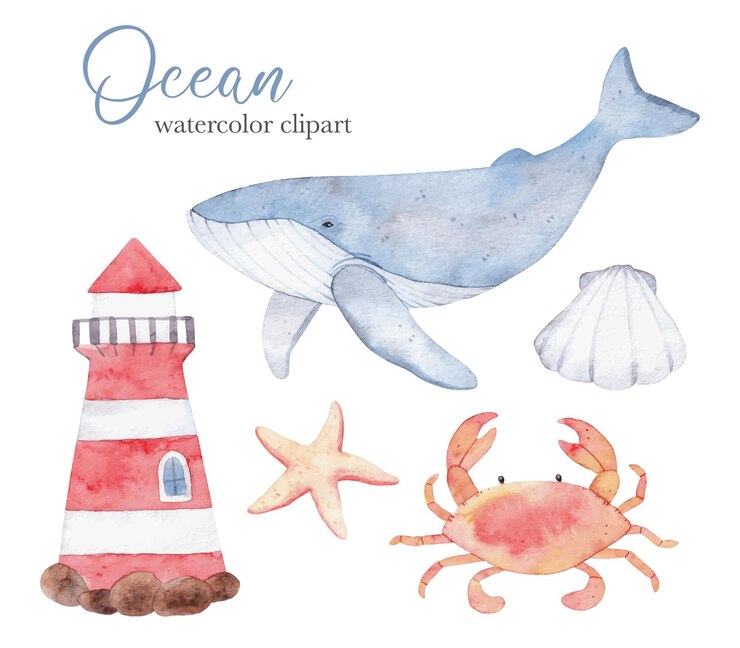 Disegnato a mano oceano clipart acquerello stelle marine conchiglia faro granchio balena
